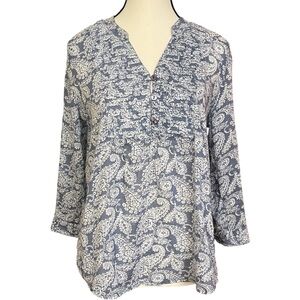 Blue‎ and White 3/4 Sleeve Relaxed Blouse with Mandarin Collar